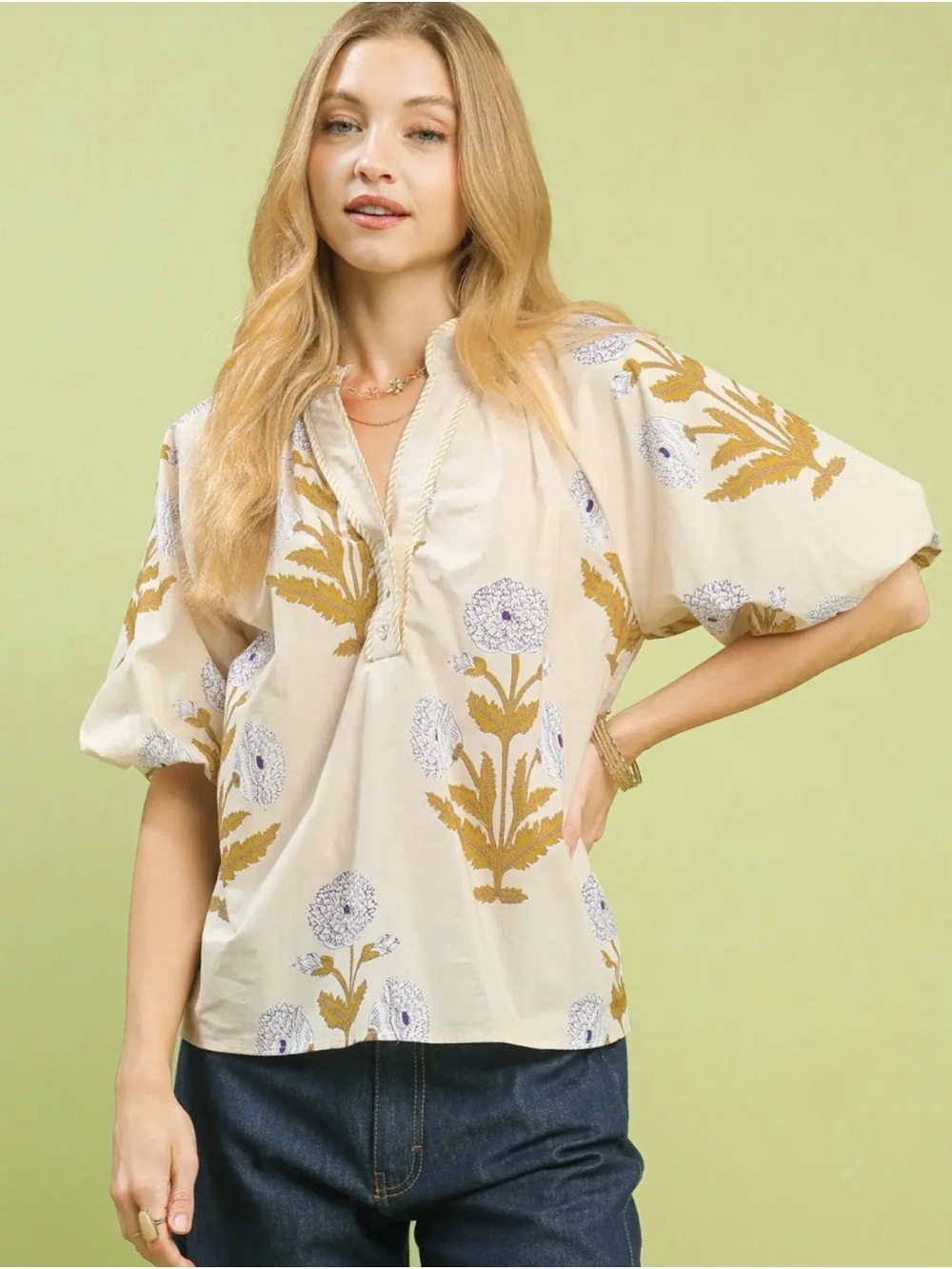 Umgee Cream Floral Puff-Sleeve Women's Top Size Medium